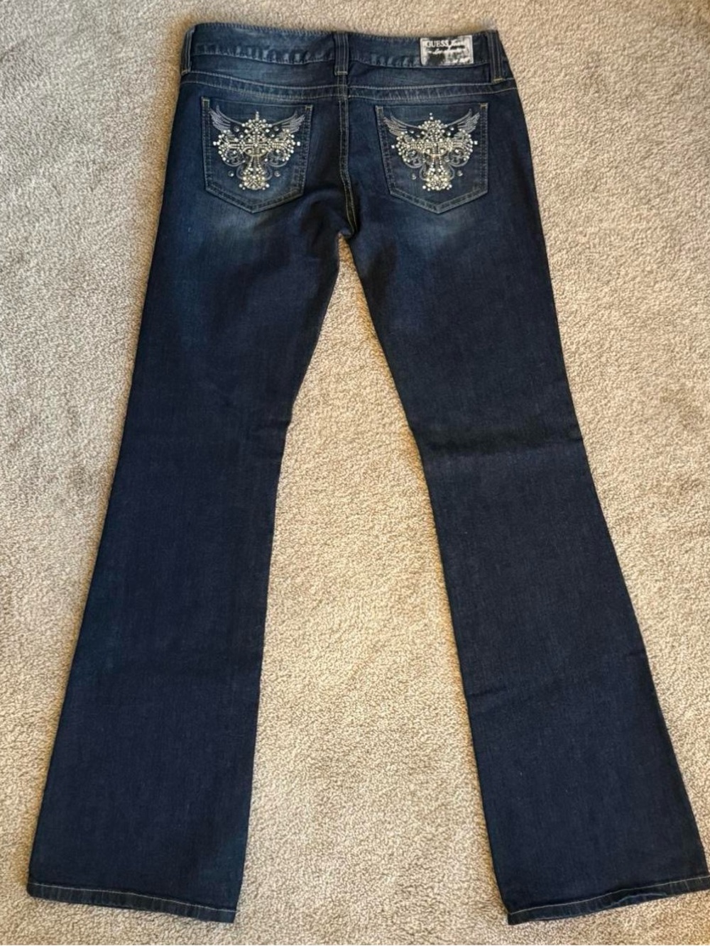 Guess Jeans Vintage Y2K Low Rise Bootcut Rhinestone Cross Wings Dark Wash Women'
